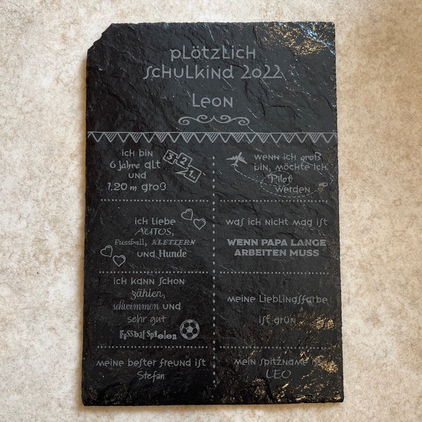 Schieferplatte 30x20 cm, Personalisiertes Geschenk zur Einschulung, Schulanfang, Wunschgravur