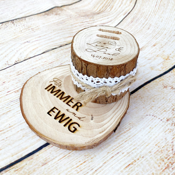 Hochzeit Ringkissen aus Holz und Baumscheibe, mit Namen, Datum und Wunschtext personalisiert