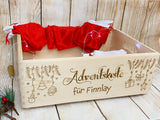 Adventskalender Kiste aus Holz mit Wunschgravur, mit 24 Adventskalender Säckchen zum selber füllen