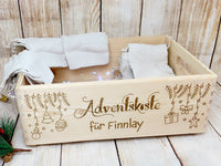 Adventskalender Kiste aus Holz mit Wunschgravur, mit 24 Adventskalender Säckchen zum selber füllen